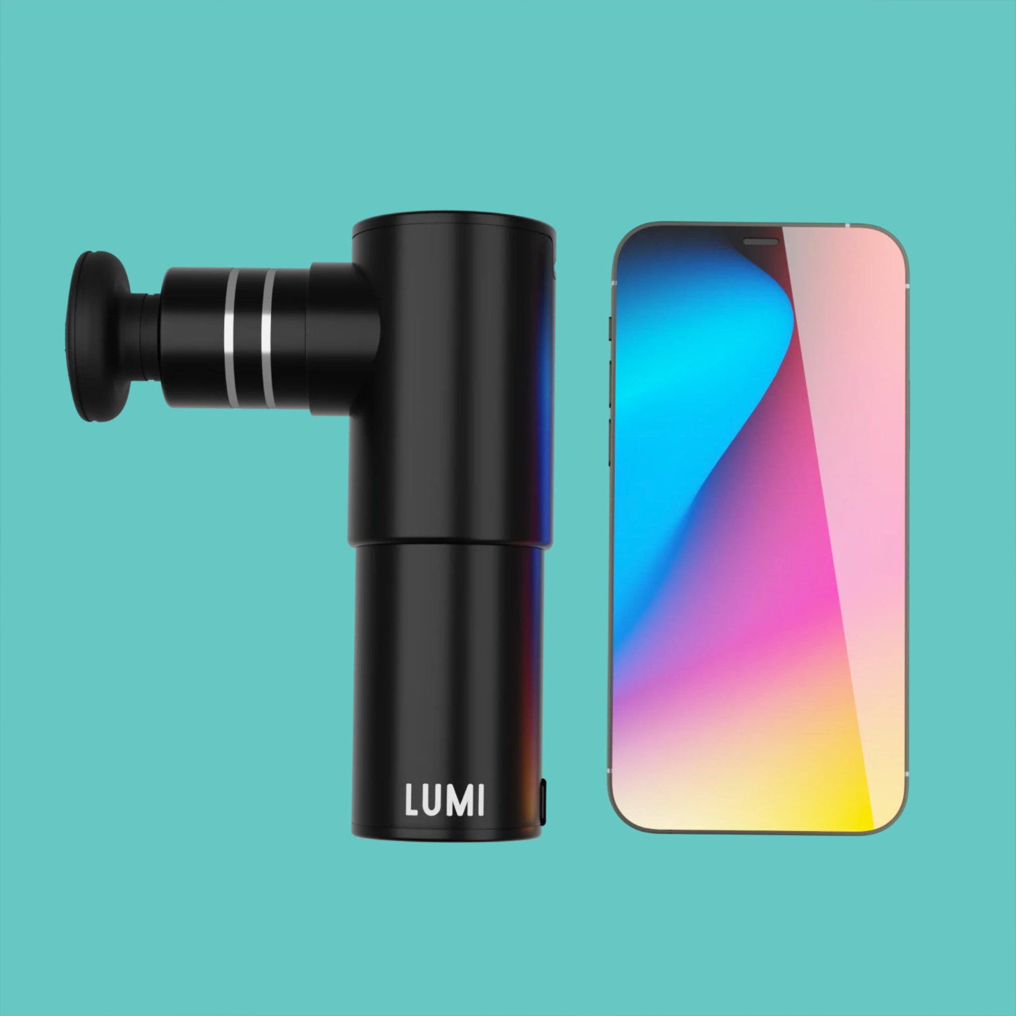 Lumi miniPro massage gun next to iPhone
